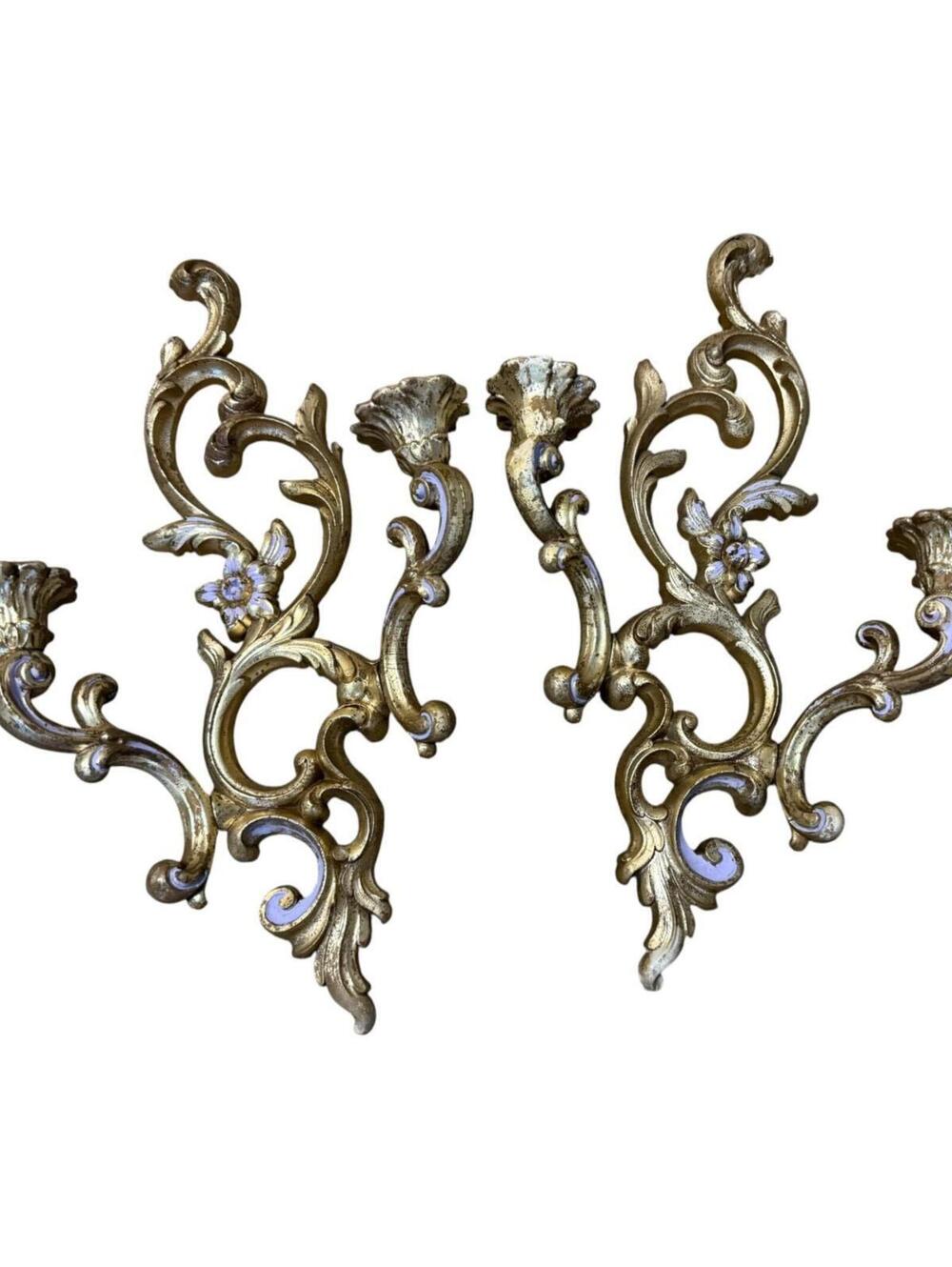 Pair of Vintage Ornate Gold Wall Sconces 17" H Candlesticks lavender Purpple
